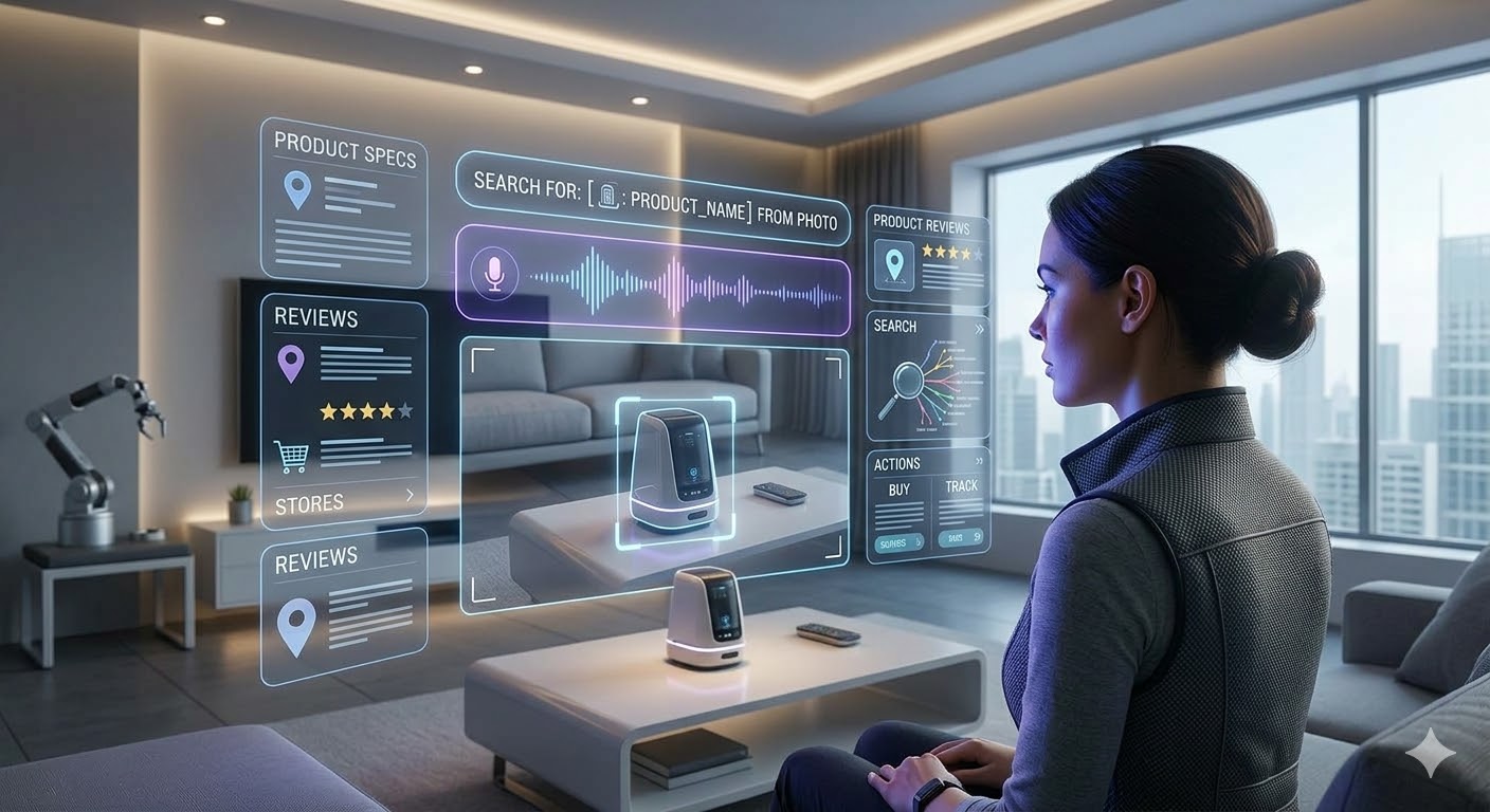 Woman interacting with a digital holographic search interface showcasing generative engine optimization features.