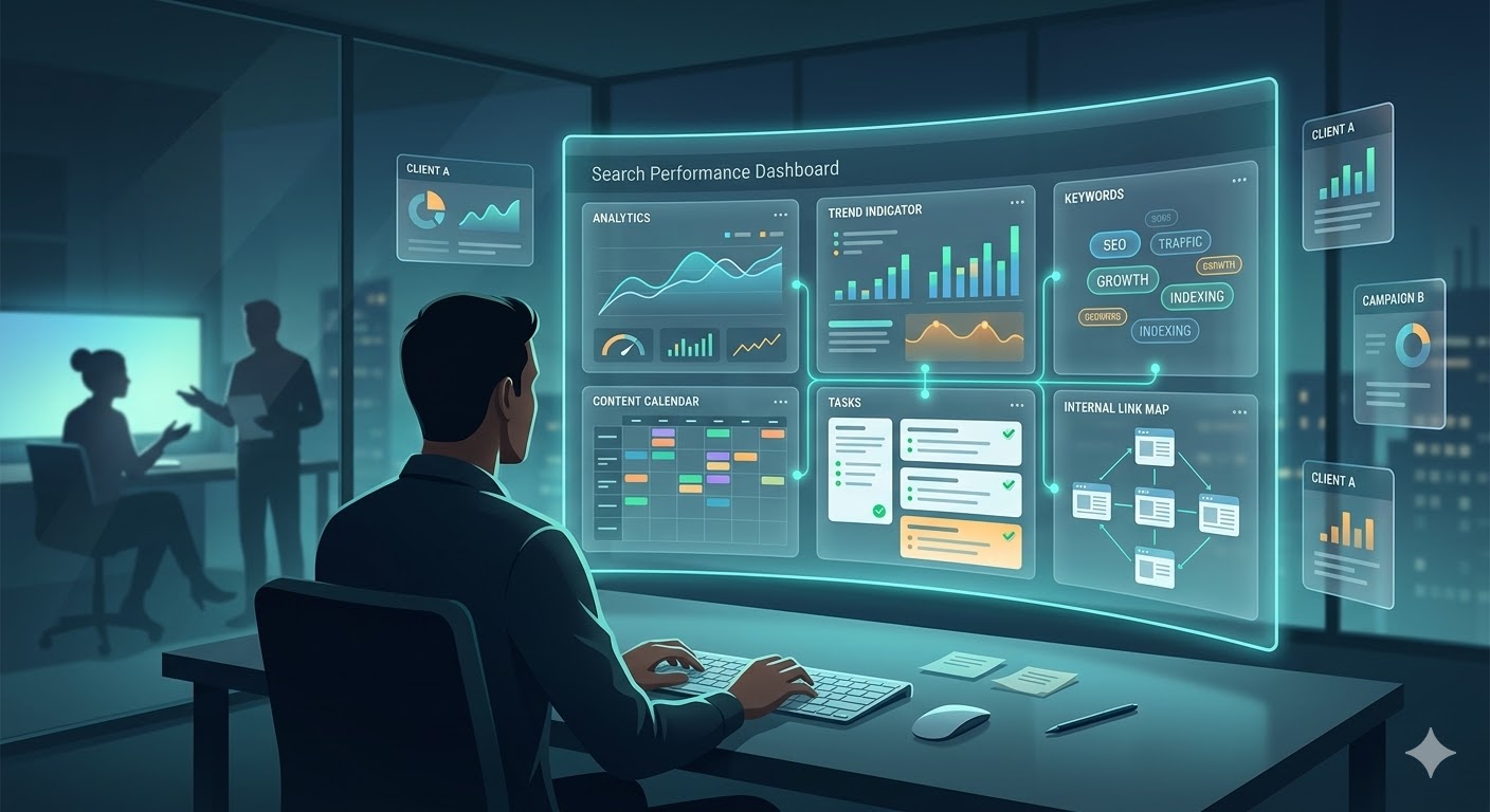 User interacting with an SEO software dashboard designed for agencies featuring analytics and task management.