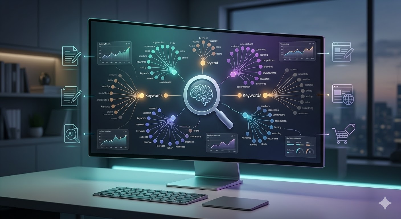 Visual of an AI-powered tool analyzing SEO keyword performance on a computer screen.