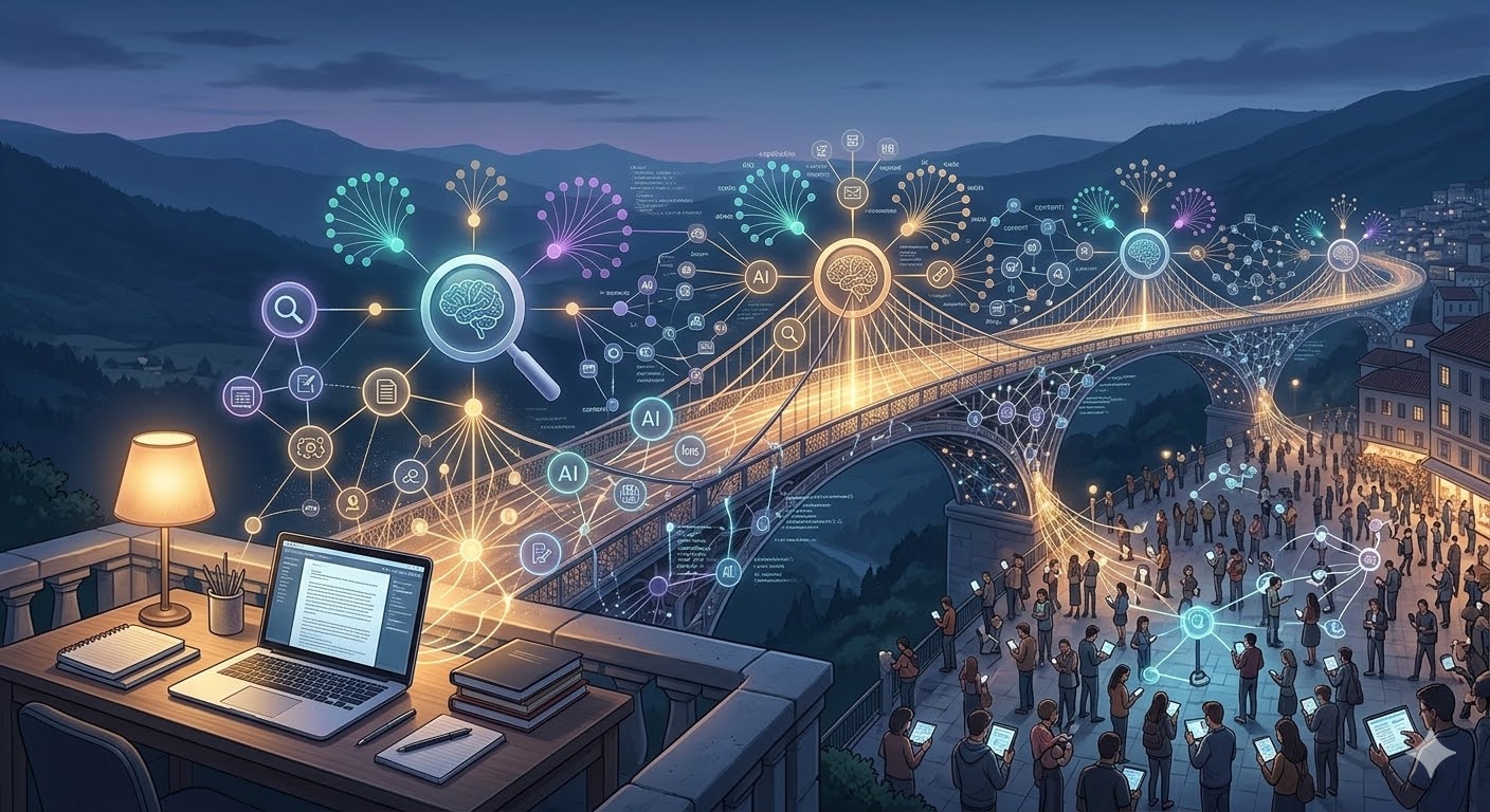 Illustration of a digital network bridge symbolizing AI tools for SEO keyword research.