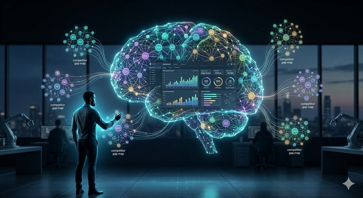 Visualization of AI tools dashboard for SEO keyword research with analytics and graphs.
