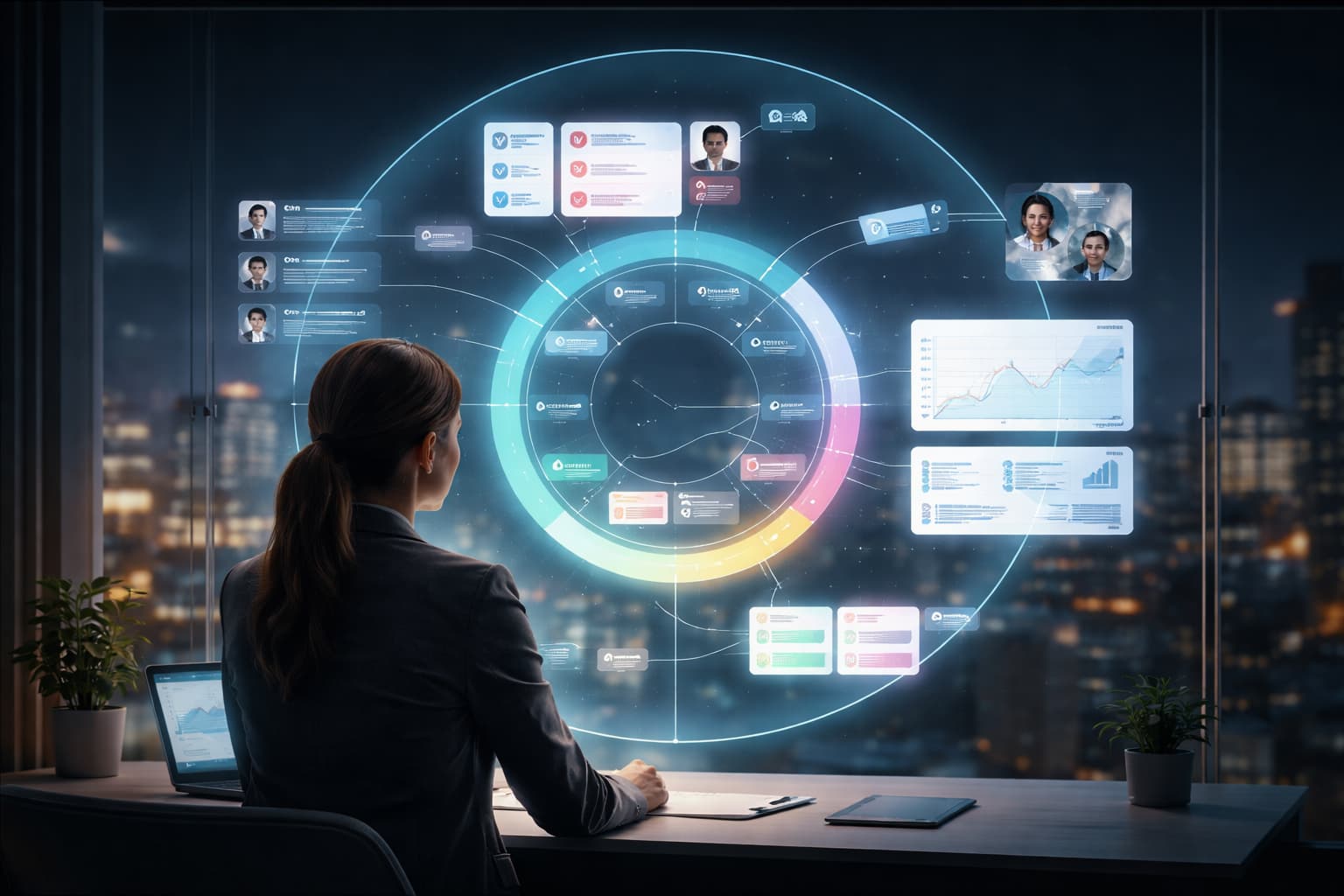 Business professional analyzing an AI-powered marketing project management dashboard.