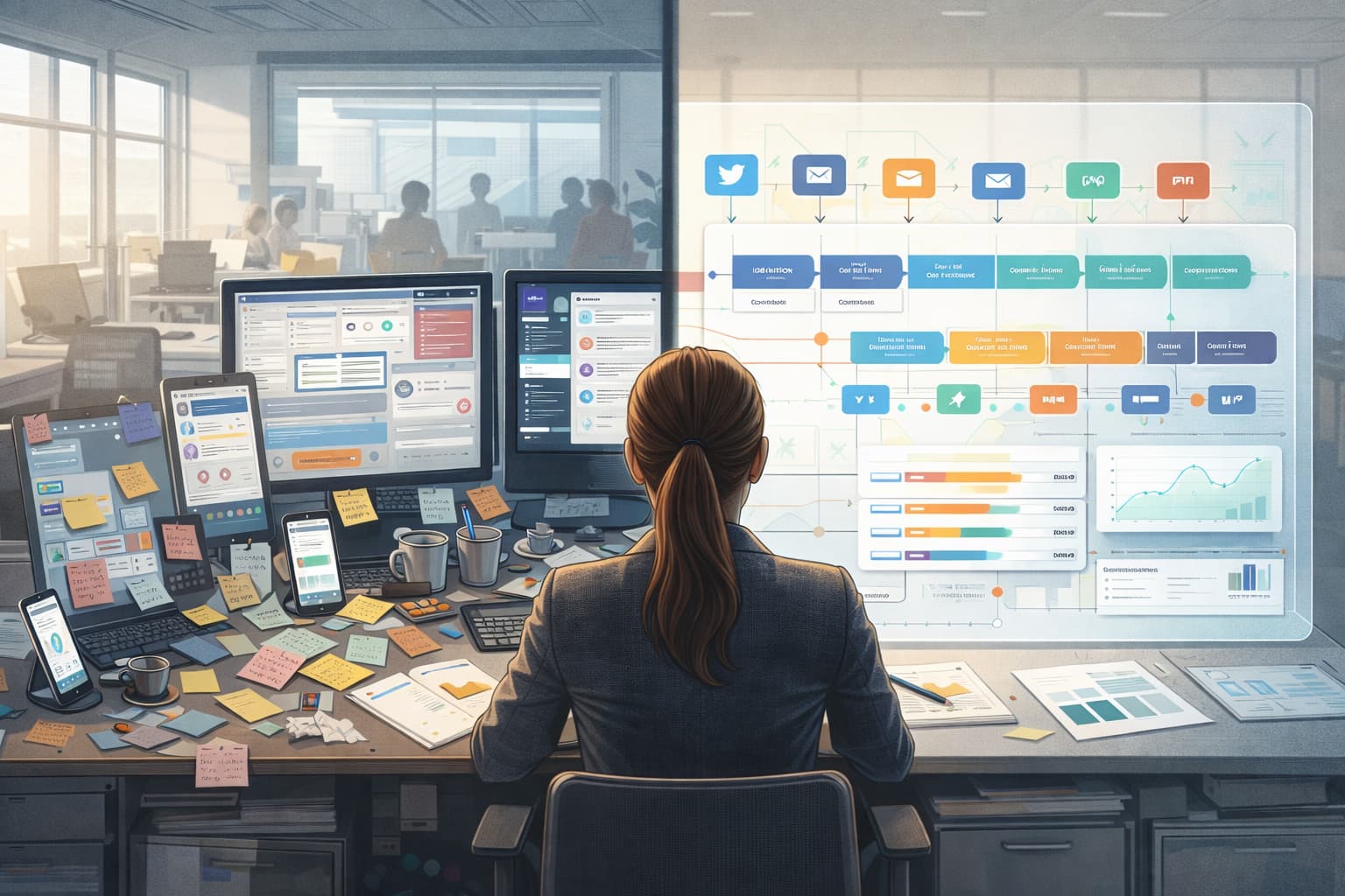 A professional analyzing data on multiple digital screens, highlighting marketing project management tools.