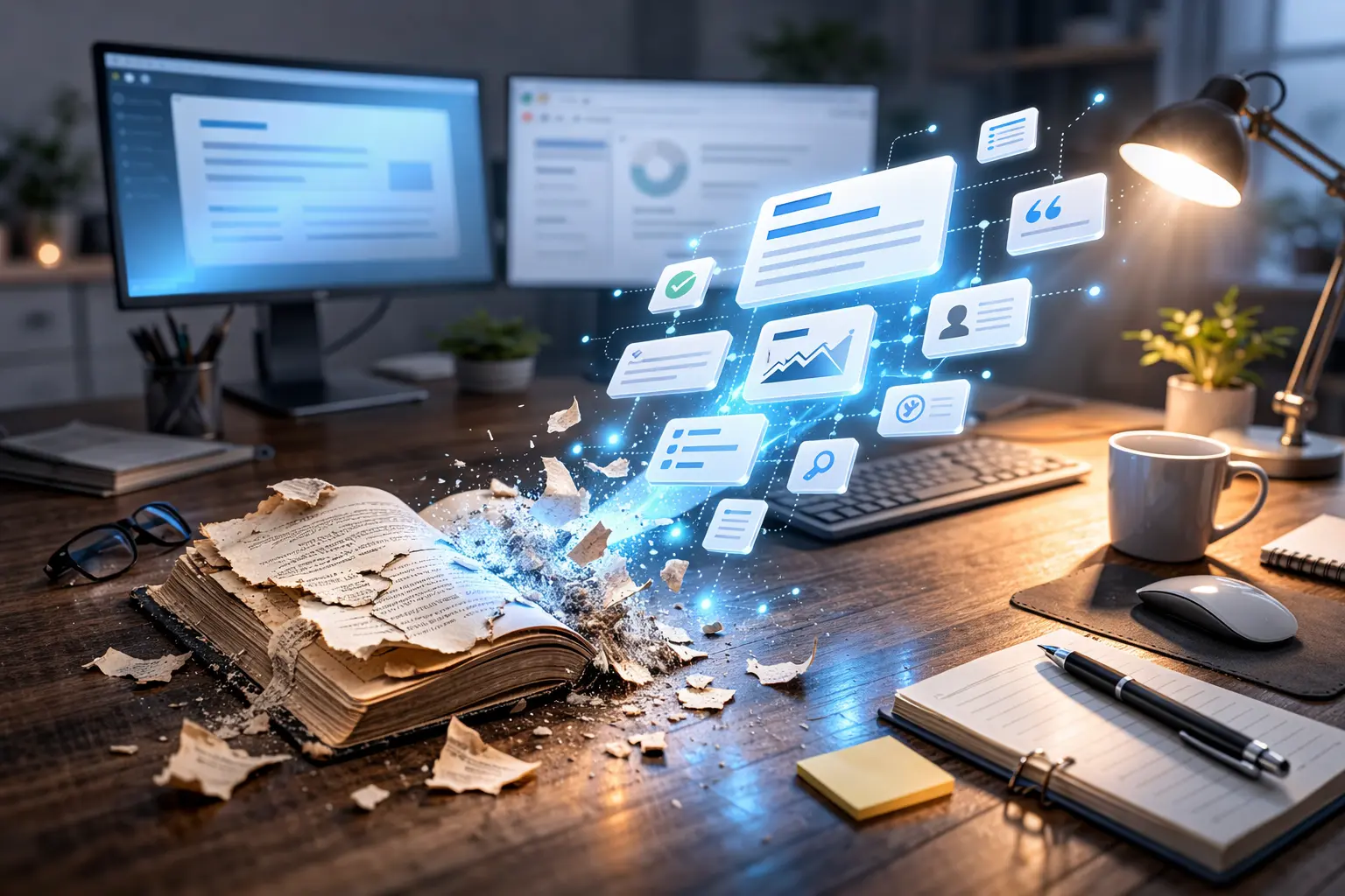 Old book exploding into digital icons representing AI search engine optimization.