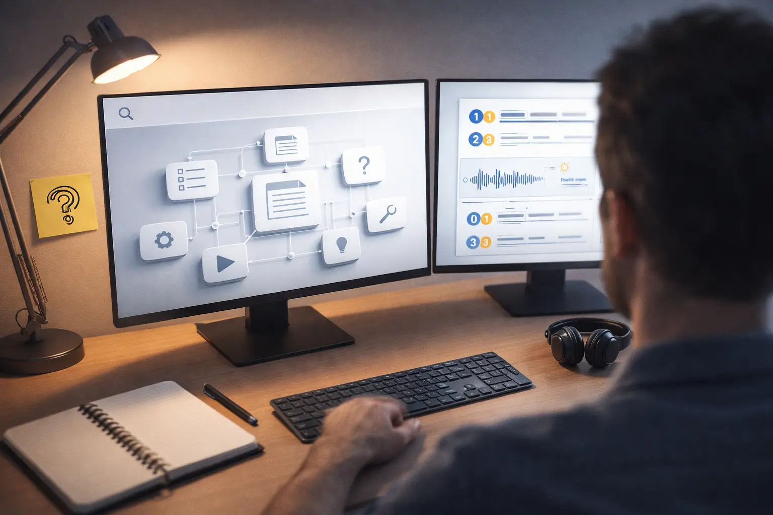 A person working on dual monitors displaying AI search engine optimization processes.