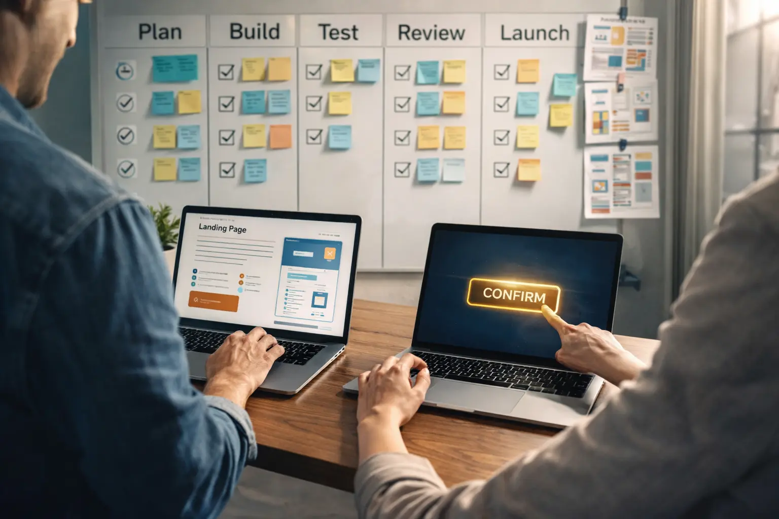 Two people working on laptops with strategy planning board in background for small business marketing strategies.