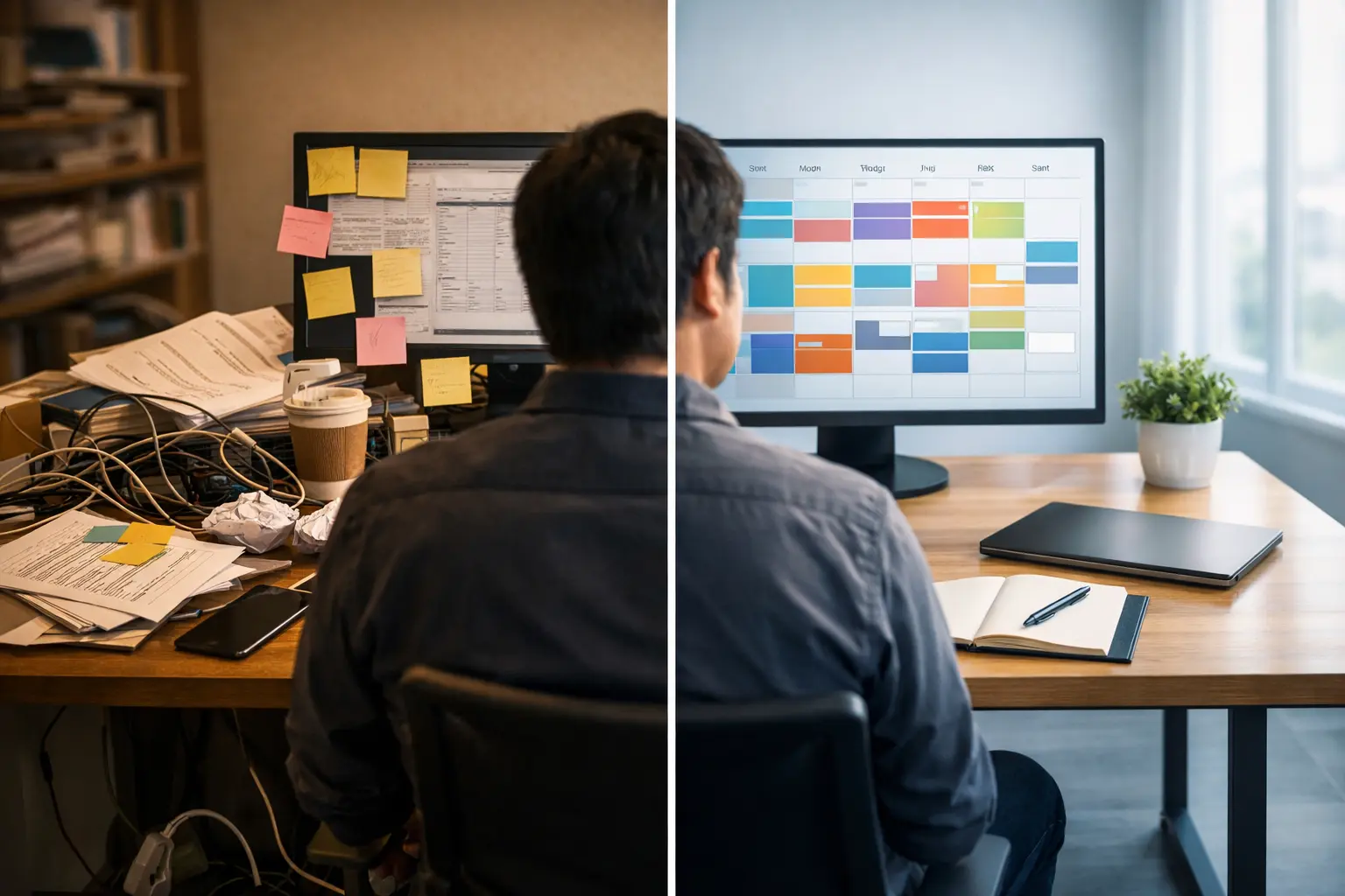 A side-by-side comparison of a cluttered desk and an organized digital calendar using AI calendar generator.