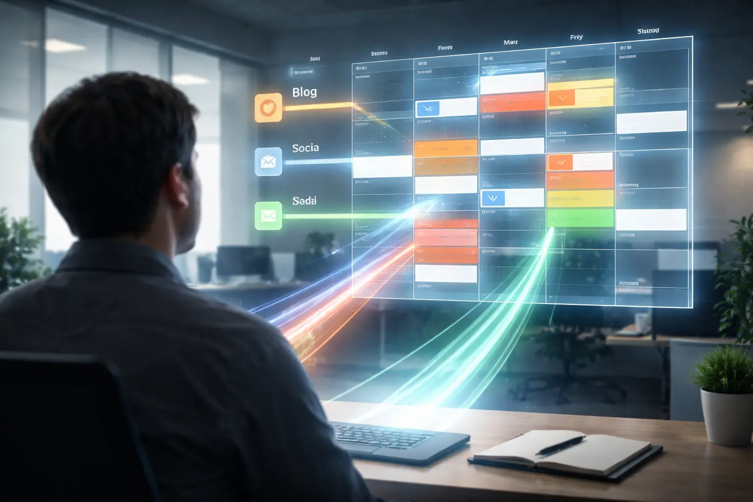 Person using an AI calendar generator tool to organize digital content on screen.