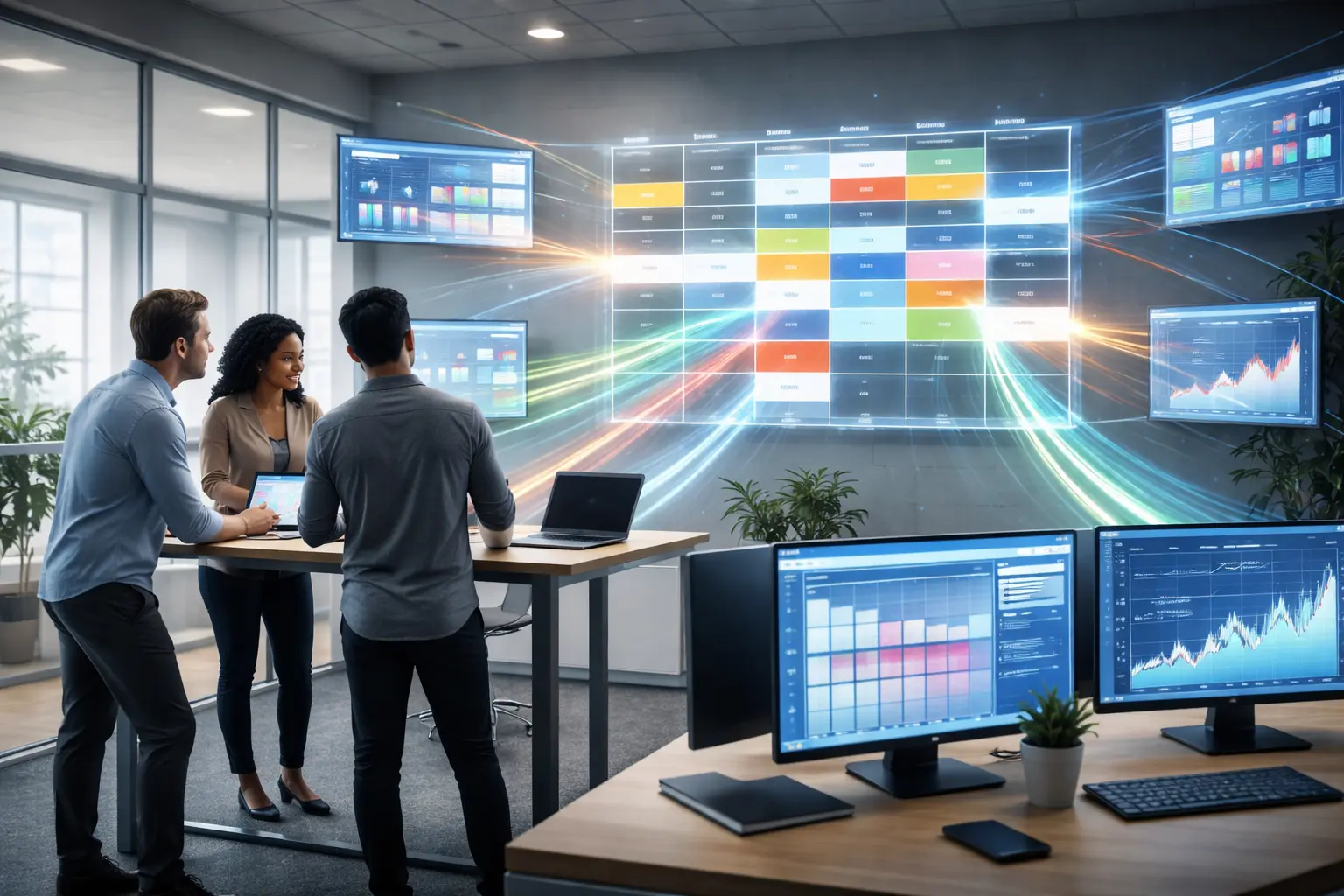 Team discussing marketing strategies using an AI calendar generator in a tech-focused meeting room.