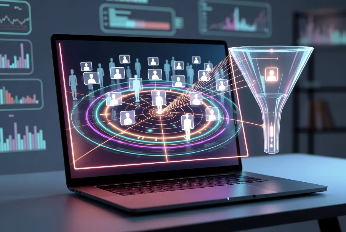 Laptop showing digital marketing interface with audience targeting funnel for Facebook ads agency.