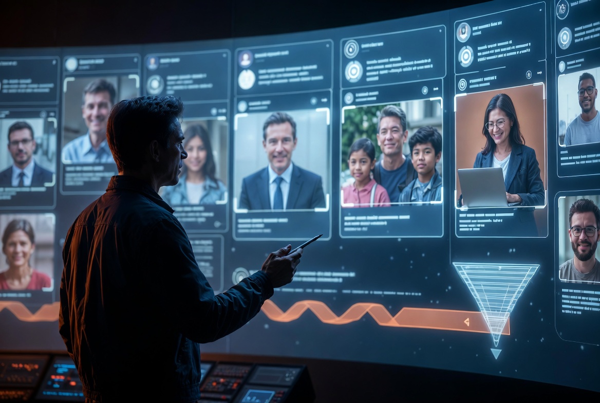 Man analyzing Facebook profiles on a digital screen to optimize ad targeting.