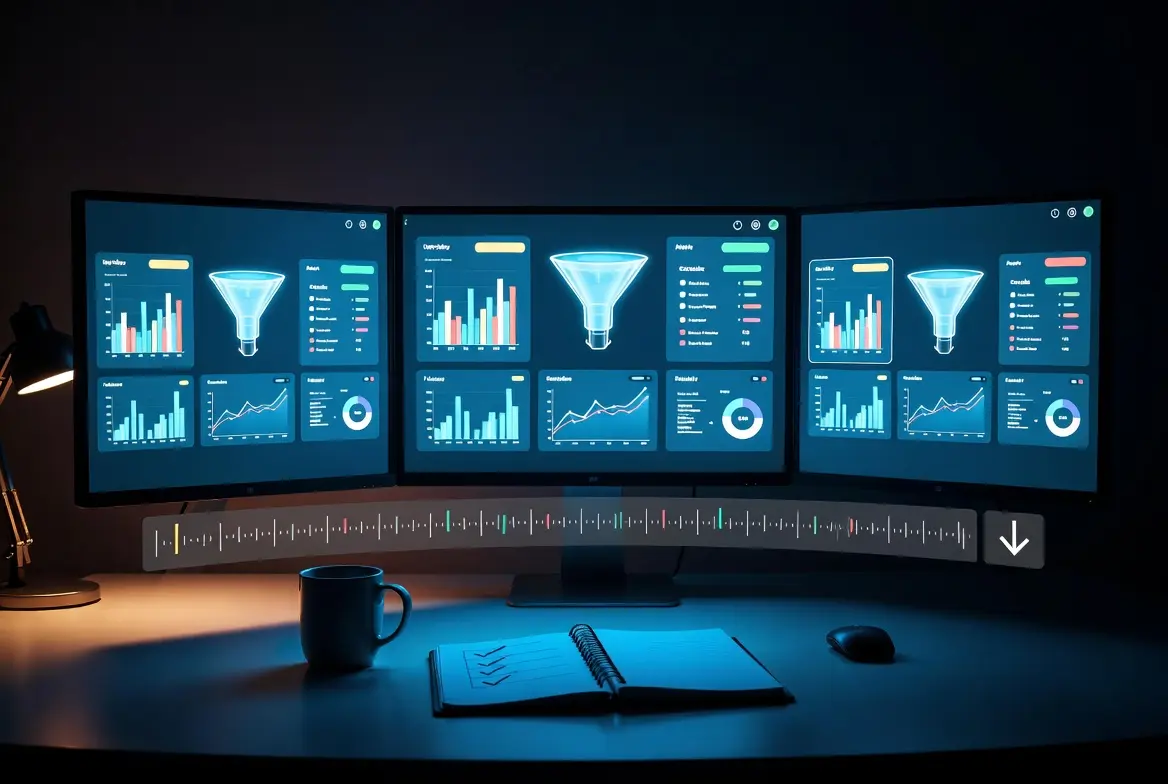 Multiple screens displaying data analytics for a Facebook ads agency campaign.