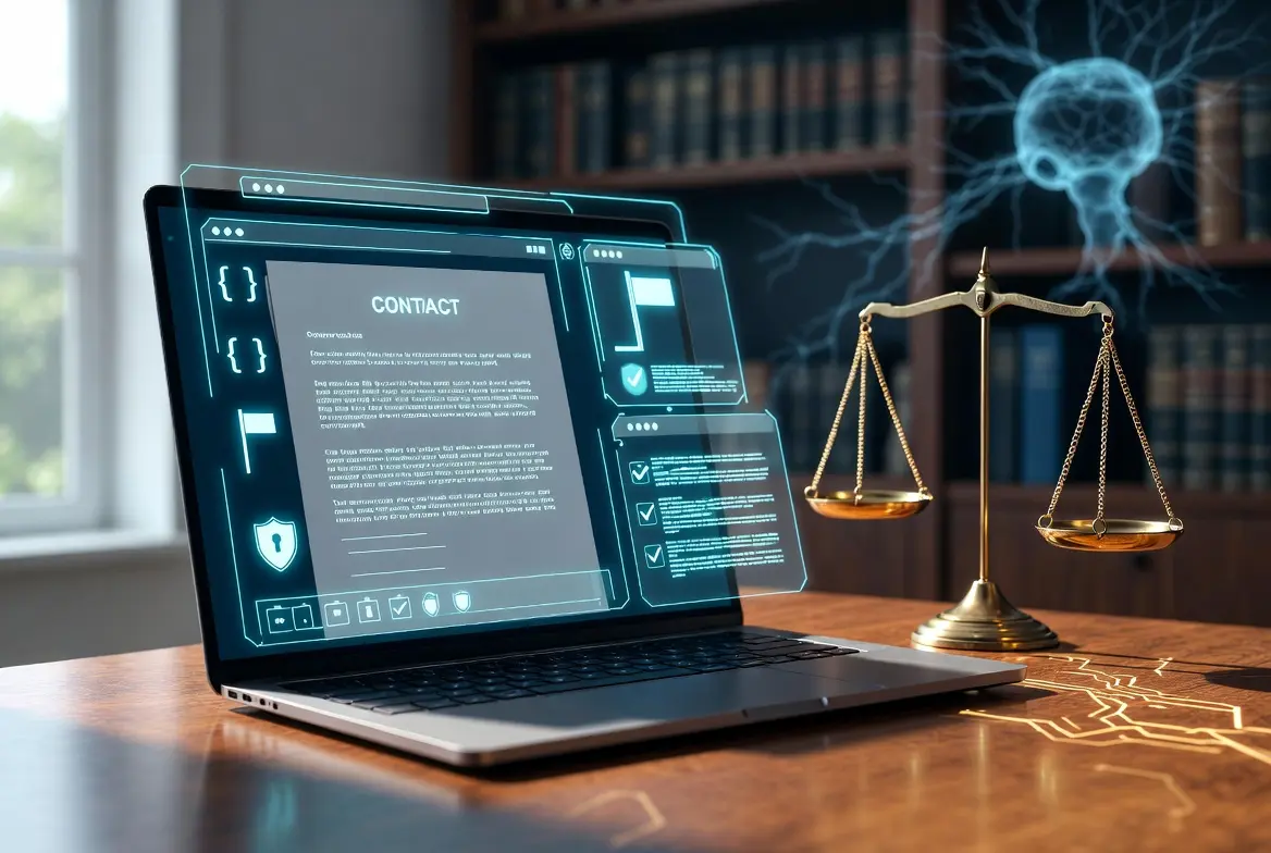 A laptop displaying digital legal documents next to scales of justice symbolizing AI in legal services.