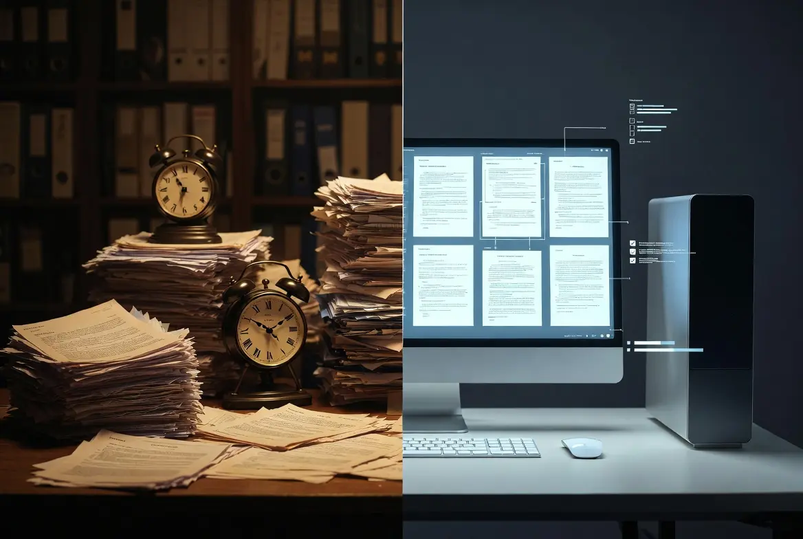 A comparison of traditional paper stacks with digital legal documents on a computer screen.