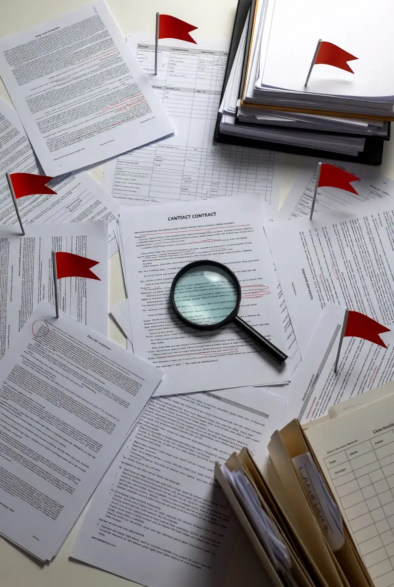 Legal documents reviewed with magnifying glass, highlighting compliance checks