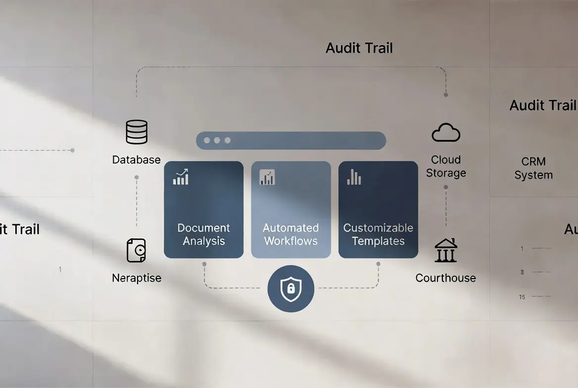 Diagram illustrating automated workflows and document analysis for startup lawyer systems.