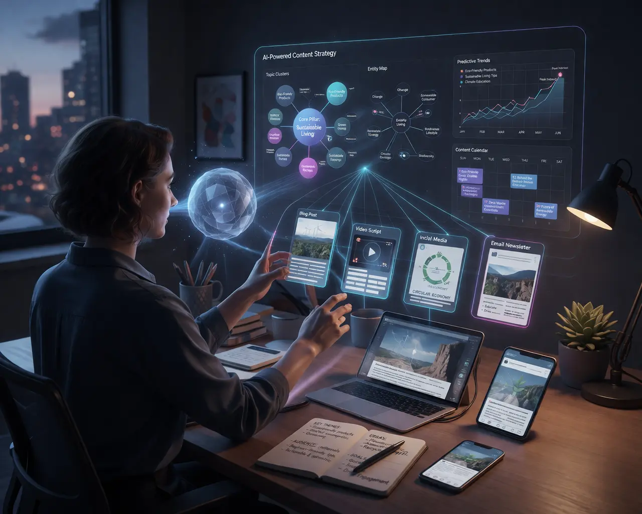 A person using AI-driven tools for strategic content creation in a digital workspace.