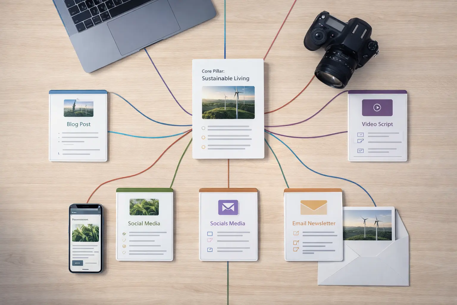 Content creation strategy showcasing multichannel distribution for SEO optimization.