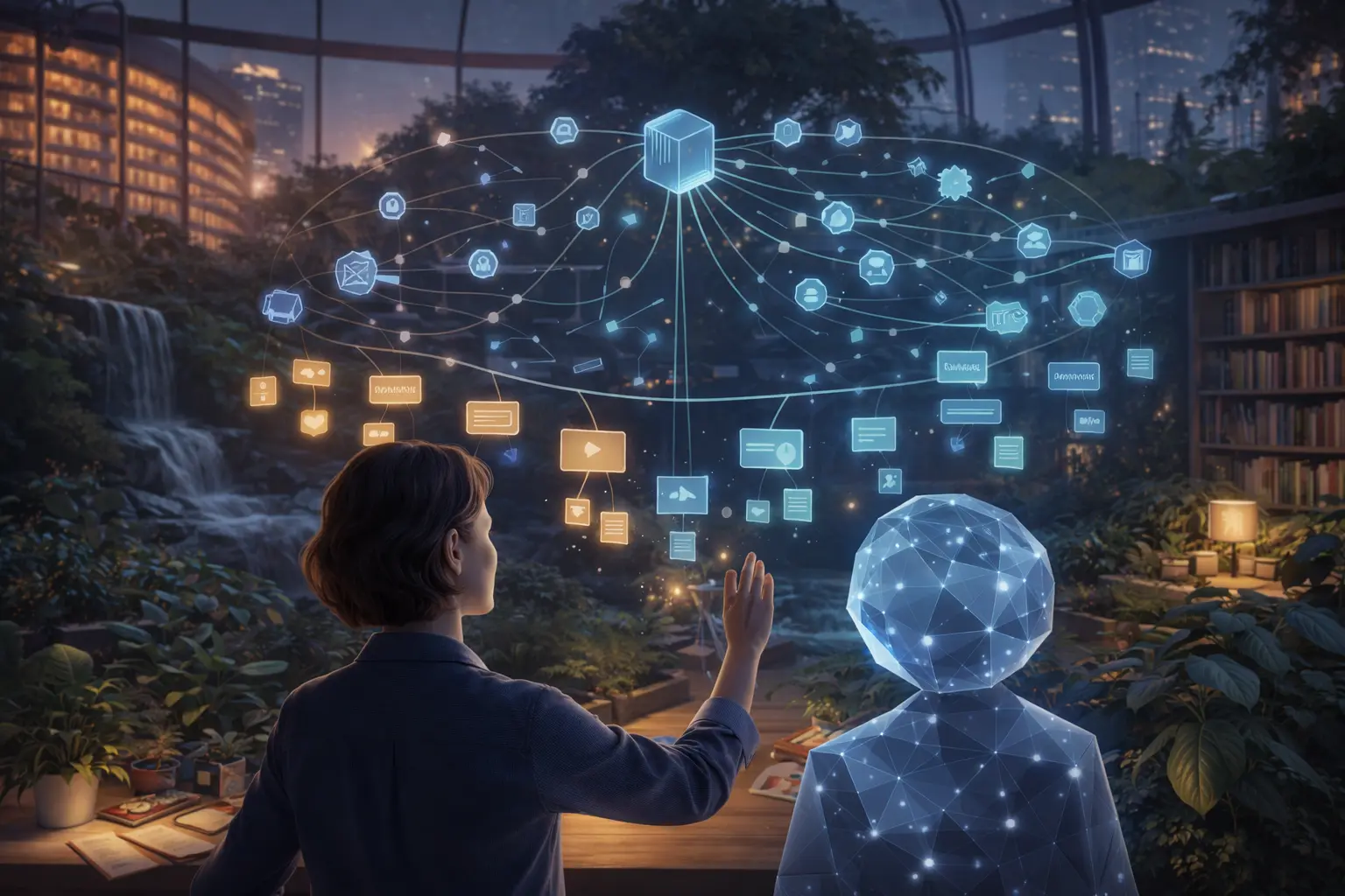 Person and digital figure interacting with a network of SEO content creation icons.