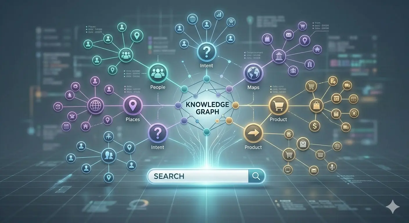 Illustration of a semantic SEO knowledge graph with nodes representing intent, people, places, maps, and products.