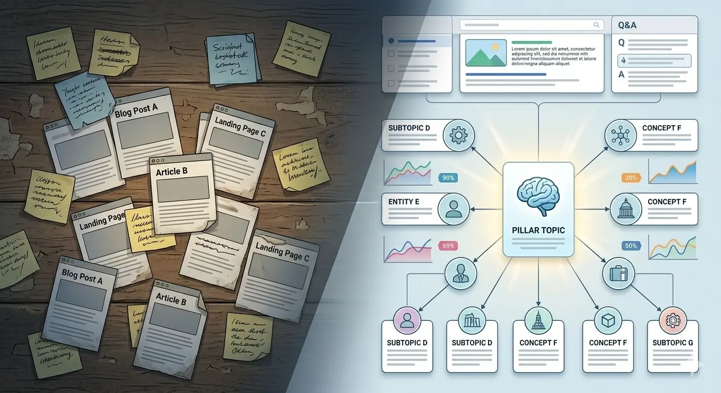 Diagram illustrating semantic SEO with topic clusters and content layout.