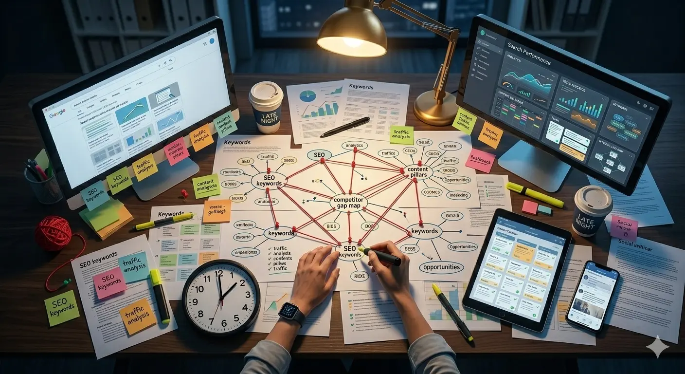 A comprehensive workflow showing semantic SEO processes and tools on a desk setup