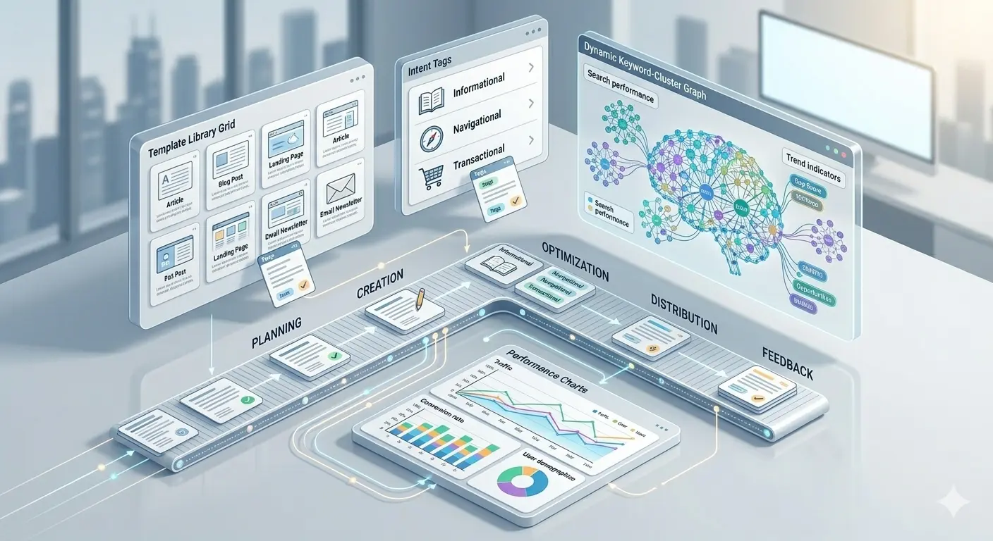 AI-powered workflow showcasing semantic SEO processes from planning to feedback
