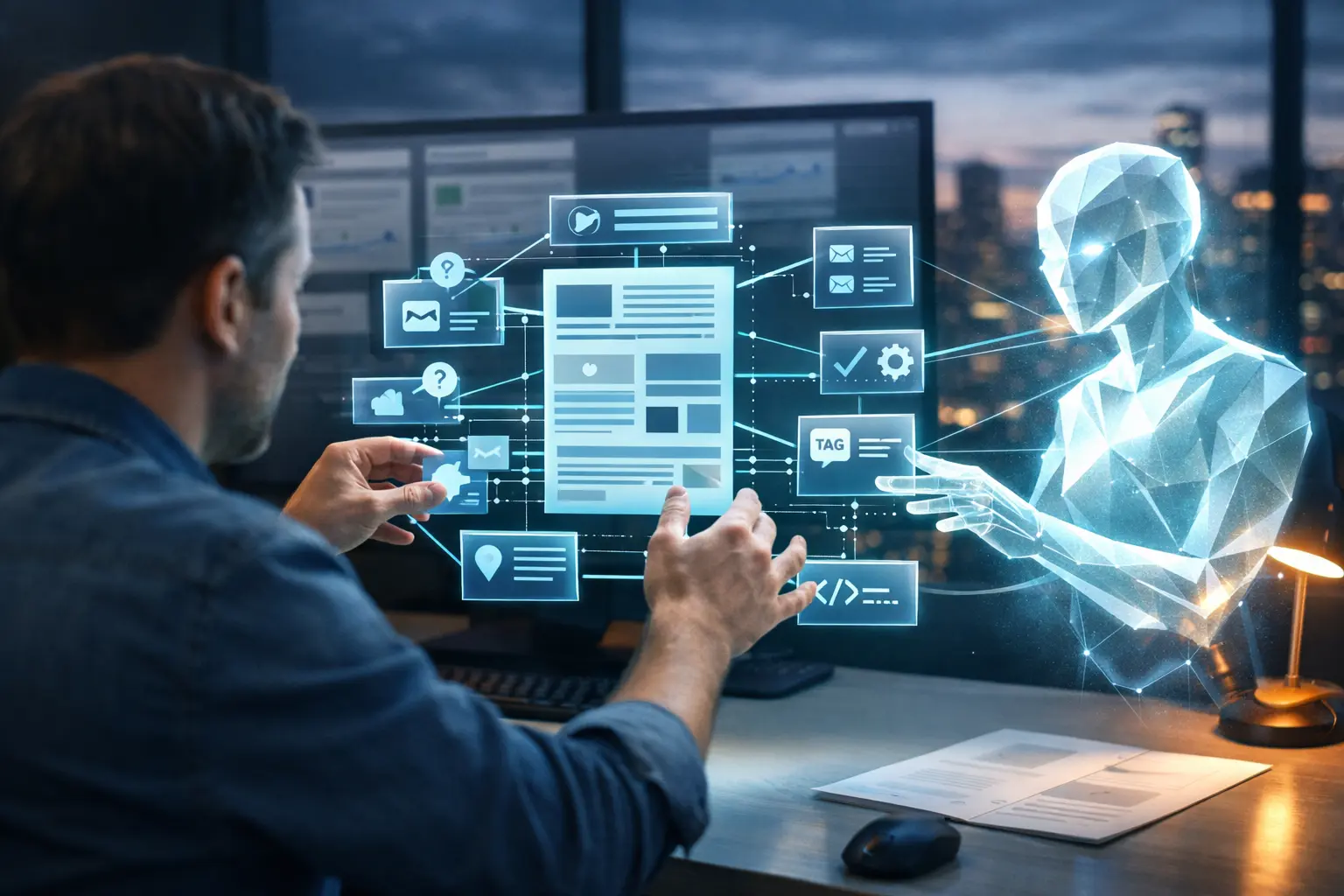 Person interacting with AI interface displaying SEO content elements on a screen.