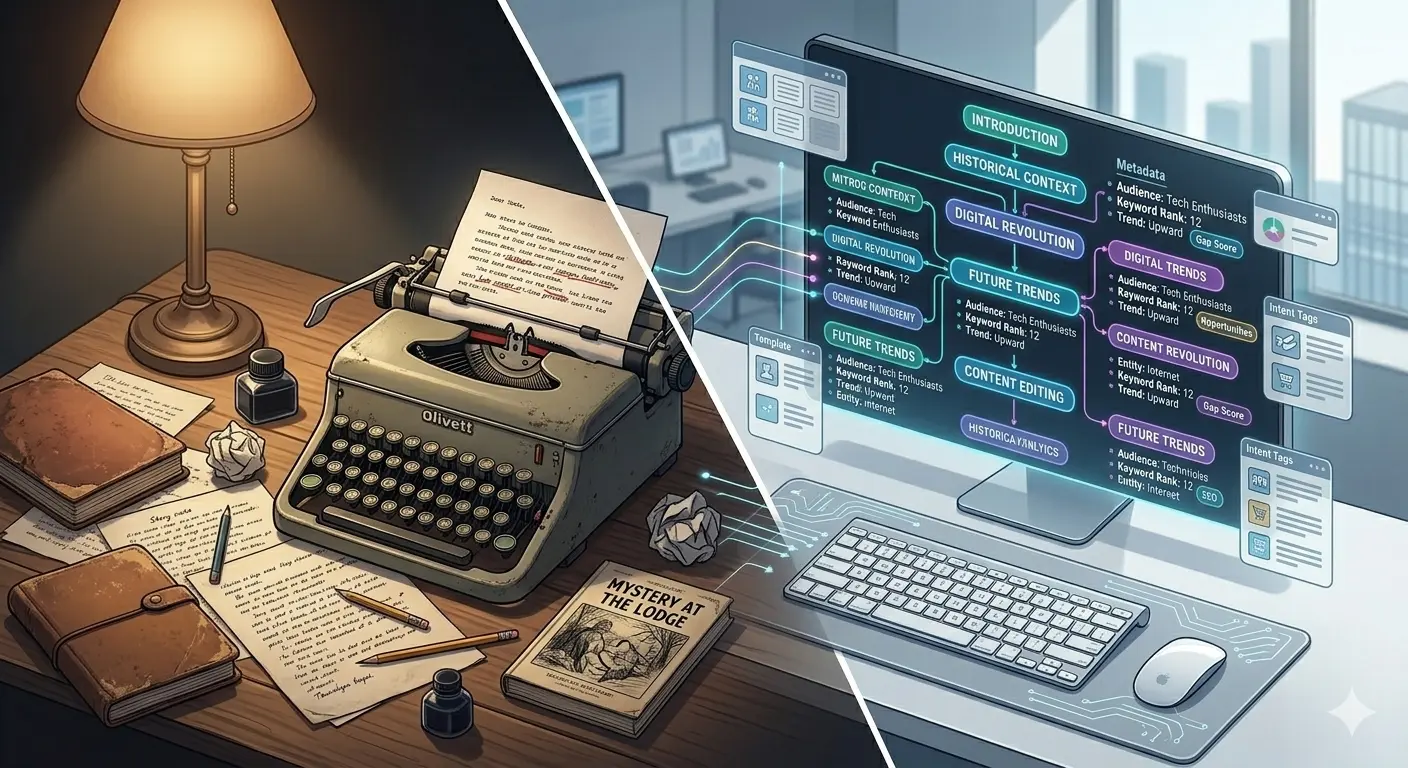 Comparison between traditional writing tools and digital content strategy showing SEO techniques.