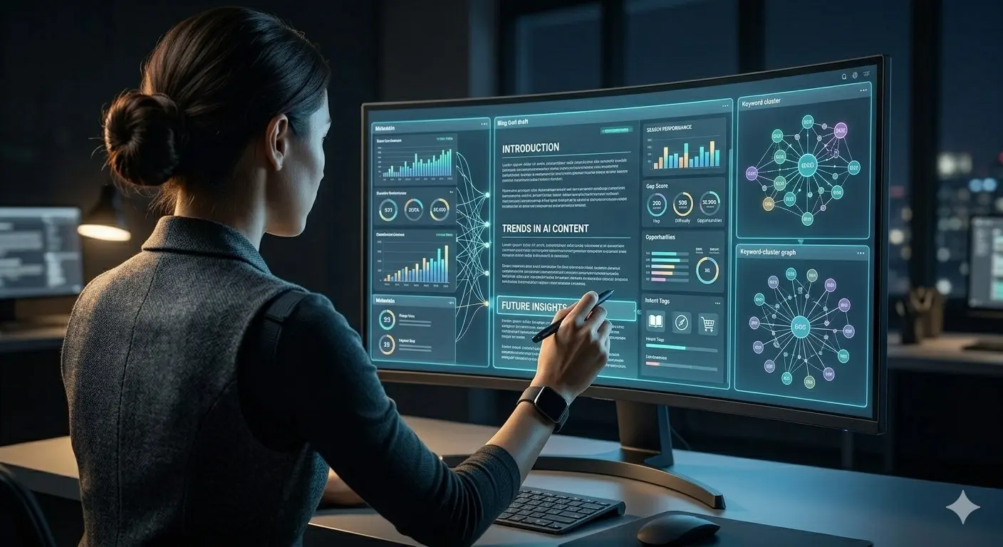 SEO content writer analyzing AI-driven keyword insights on a digital dashboard.