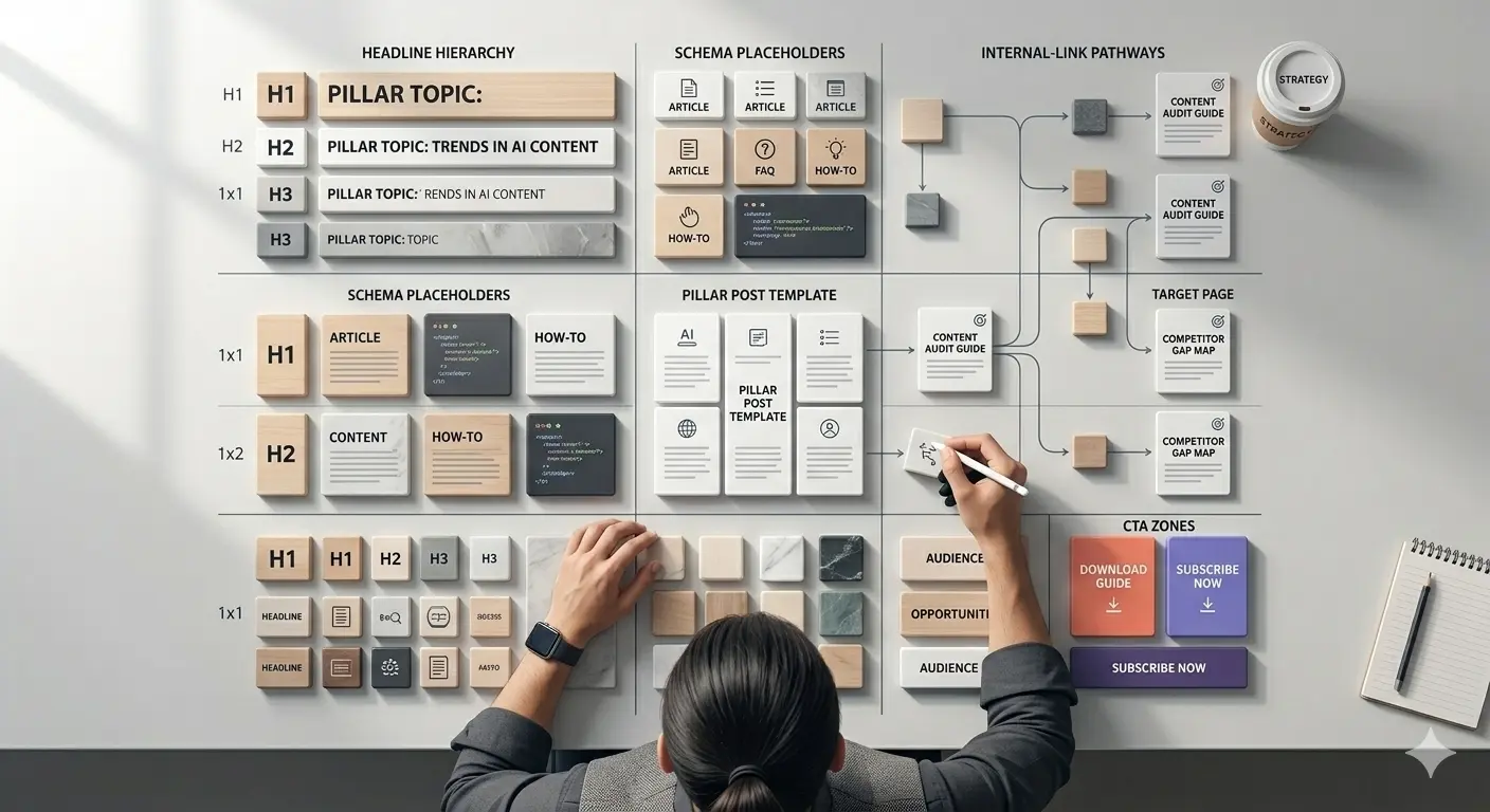 Outline blocks and schemas illustrating stages of SEO content writing strategy.