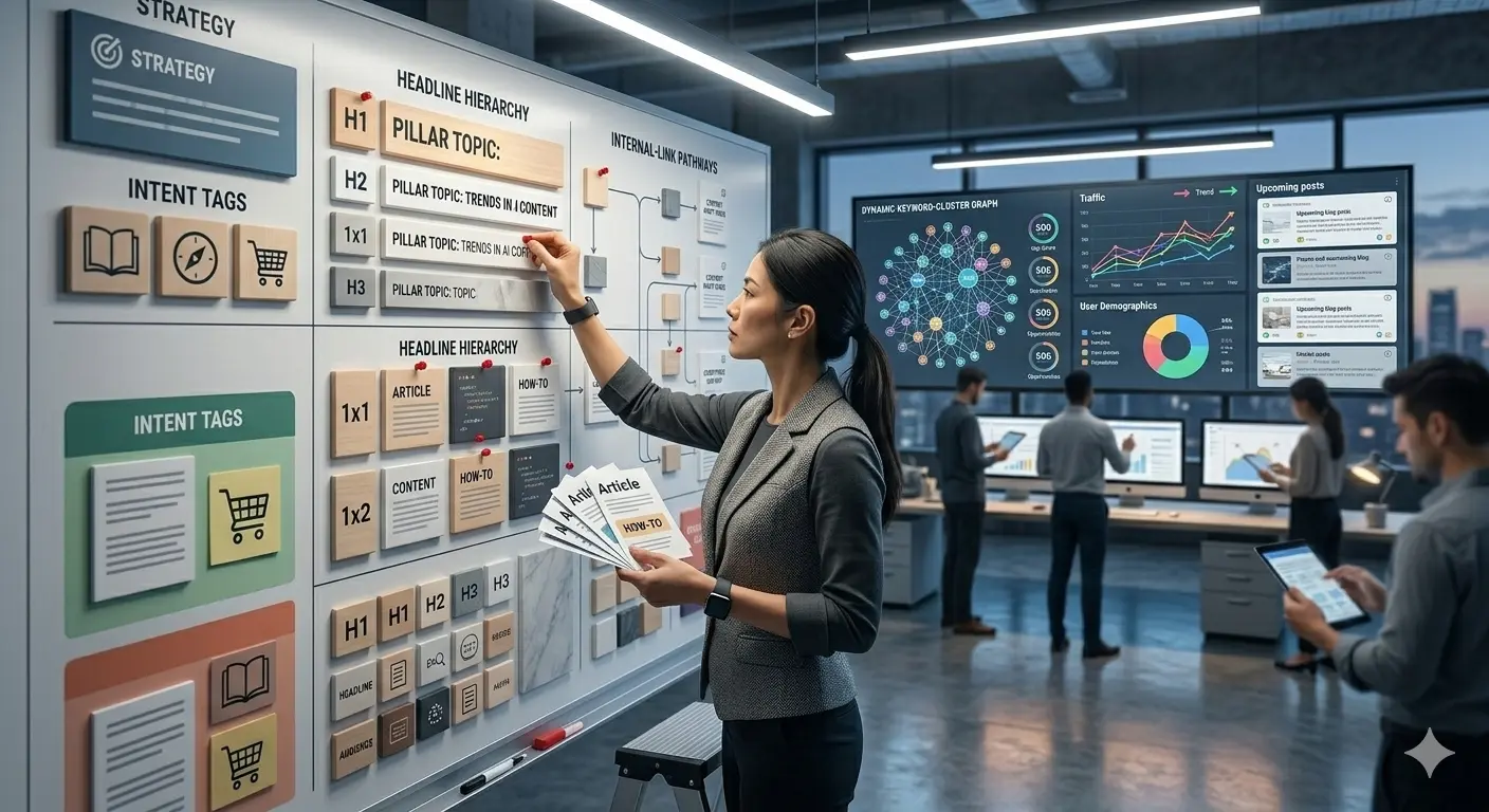 A professional planning SEO content strategies using a whiteboard.