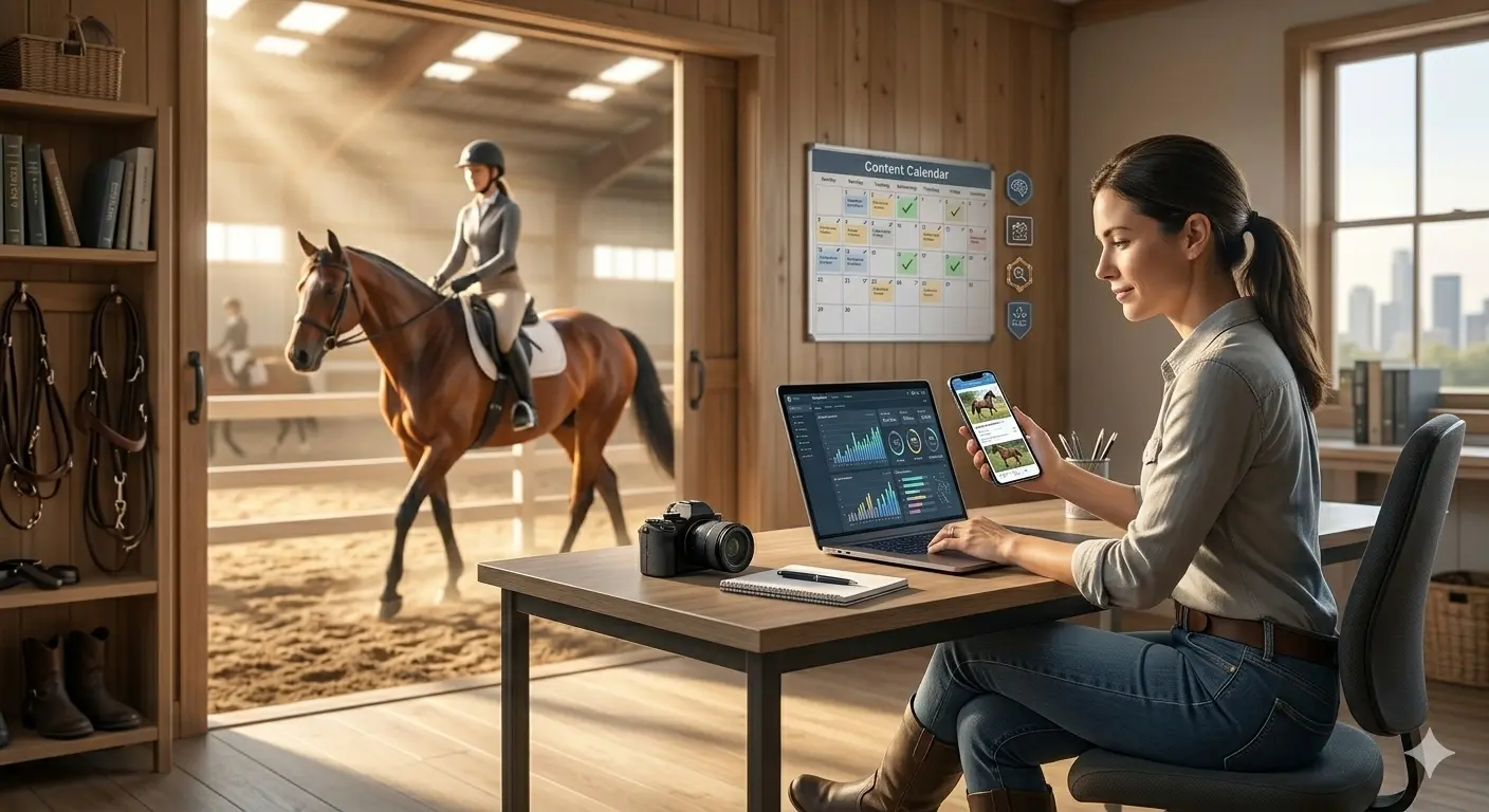 A digital marketing setup for an equine business, featuring a horse trainer using analytics software.