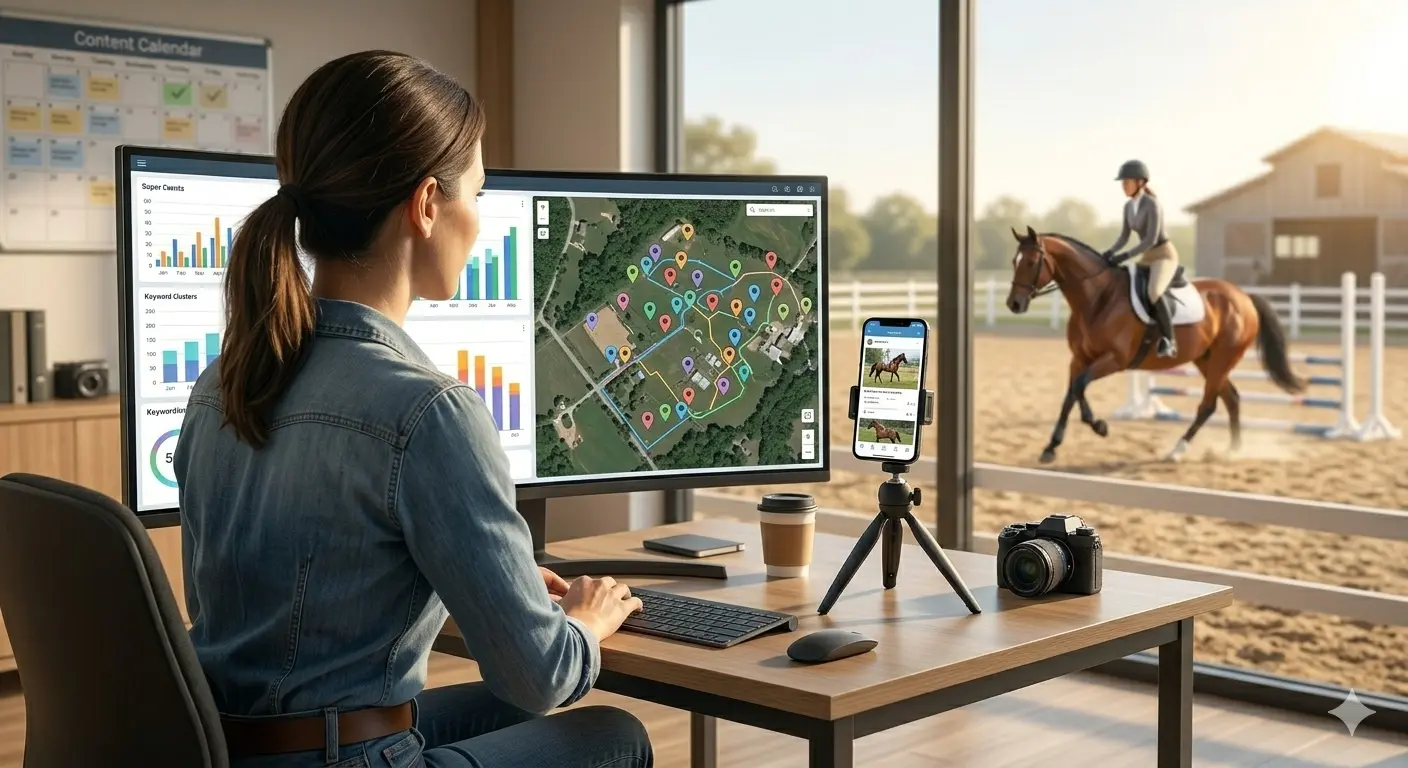 Woman analyzing digital metrics for equine business with horse training in the background