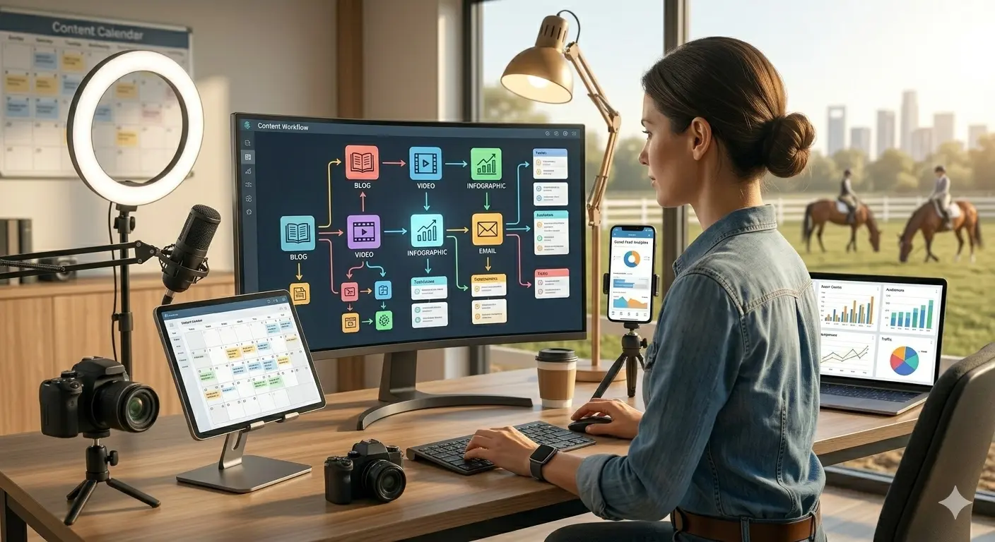 Person planning equine business digital strategy with screens displaying workflow and charts.