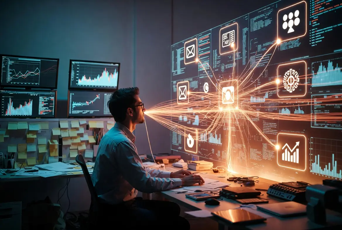A professional analyzing AI-driven digital marketing data on multiple screens.