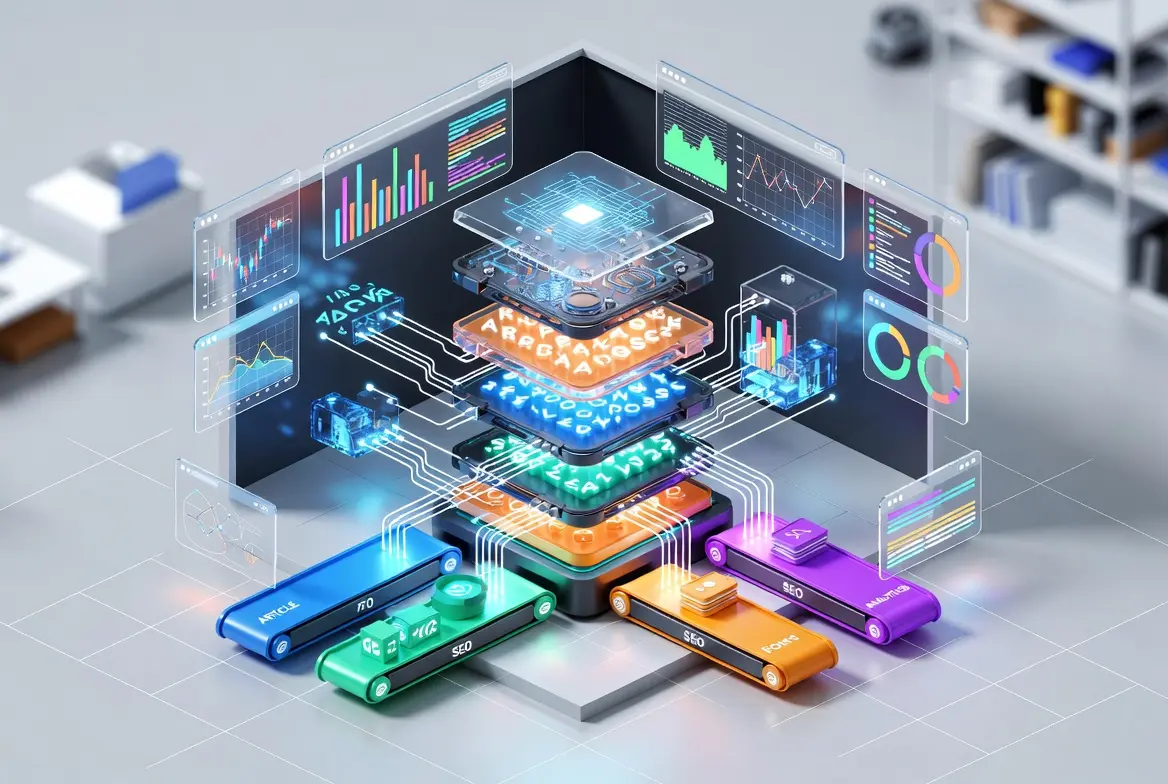 Diagram showing AI technology layers and processes in digital marketing.