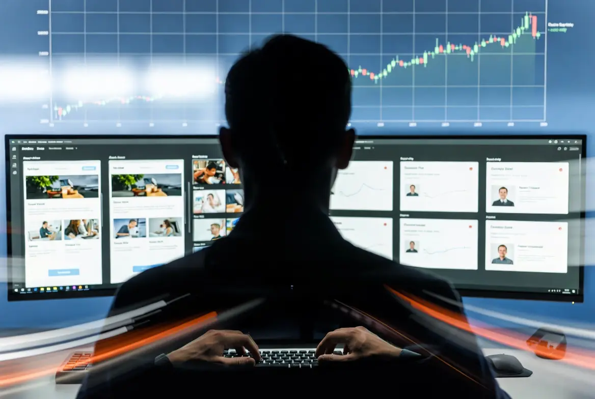 Person analyzing data on dual screens with AI in digital marketing dashboards.