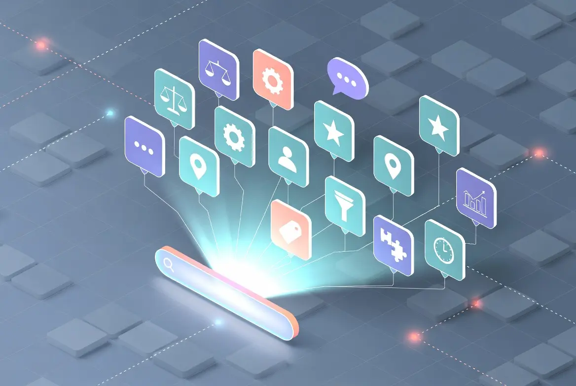 A digital representation of AI search tools with various functional icons connected to a query bar.