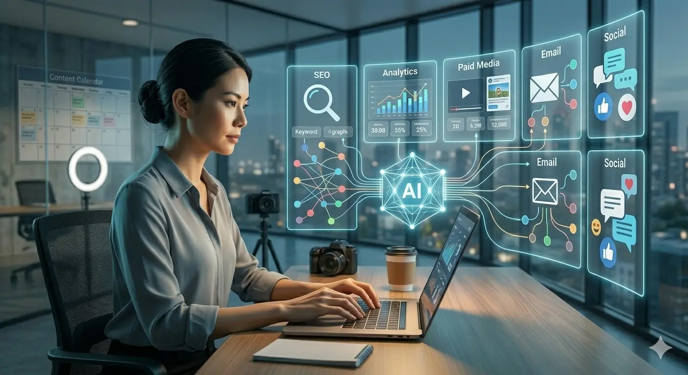 A professional analyzing AI-driven marketing tools for optimizing online marketing strategies.