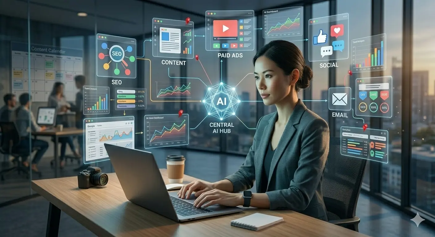 A business professional interacting with a virtual AI interface illustrating online marketing strategies.