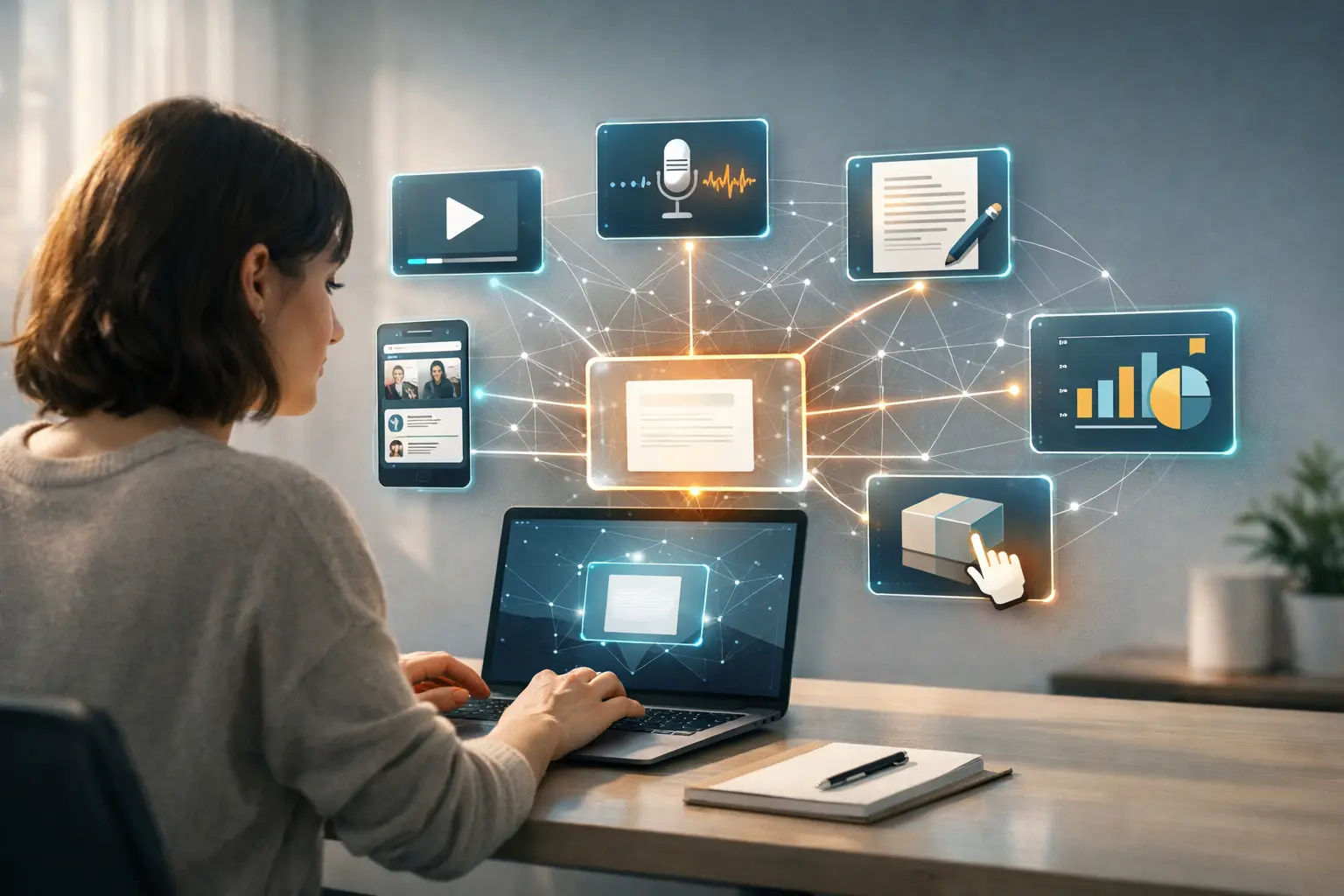 A person at a laptop coordinating digital media on multiple platforms.