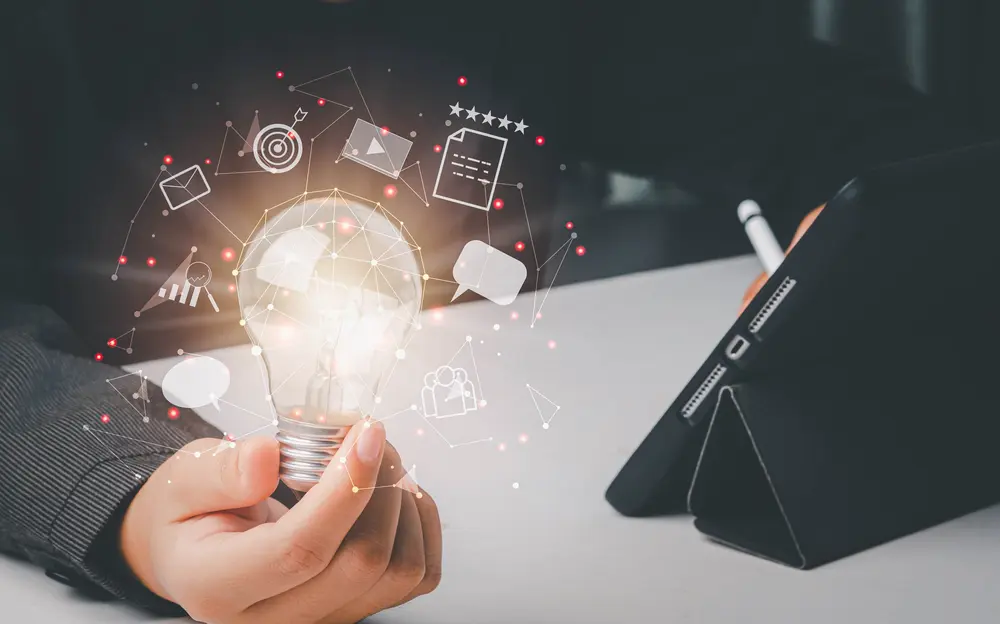 Person holding a lightbulb surrounded by digital icons for diverse content creation workflows