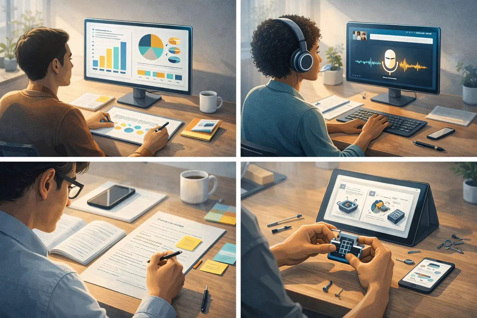 plaintextPeople using computers for content creation workflow in various formats.