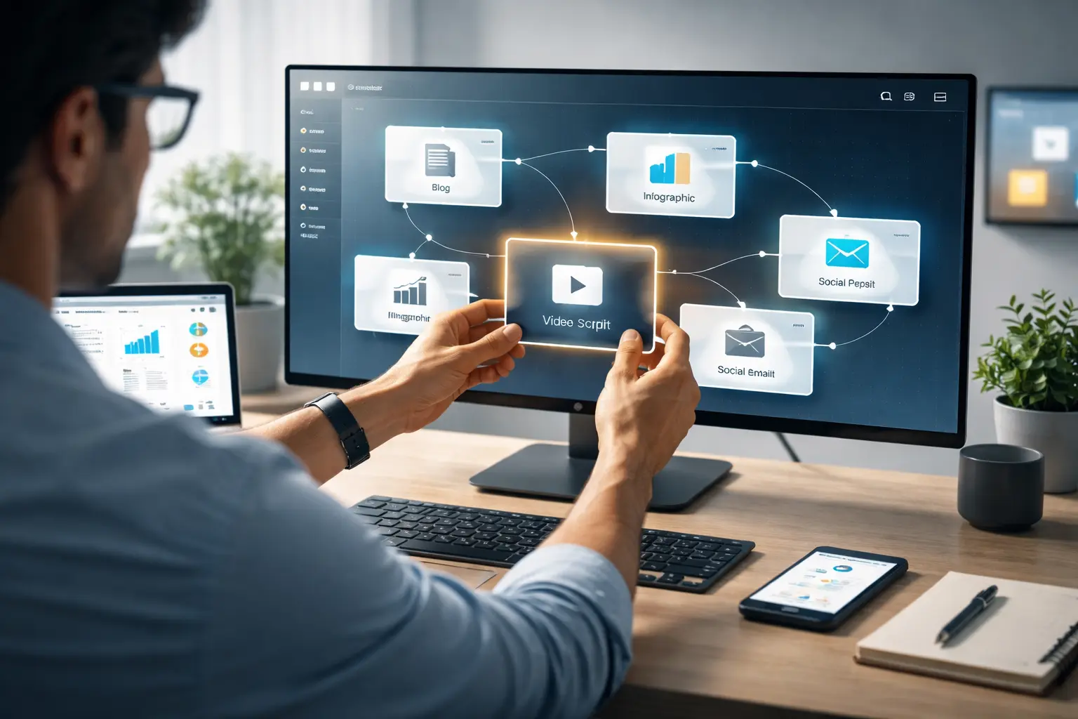 A professional reviewing a content creation workflow diagram on a desktop screen.