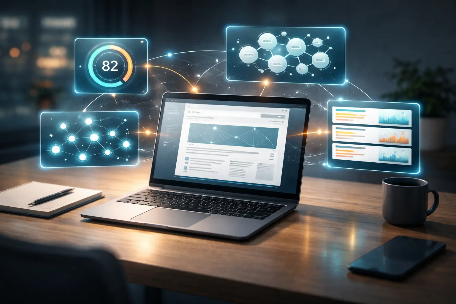 Dashboard showing AI-powered on-page SEO tools with analytics and data visualization.
