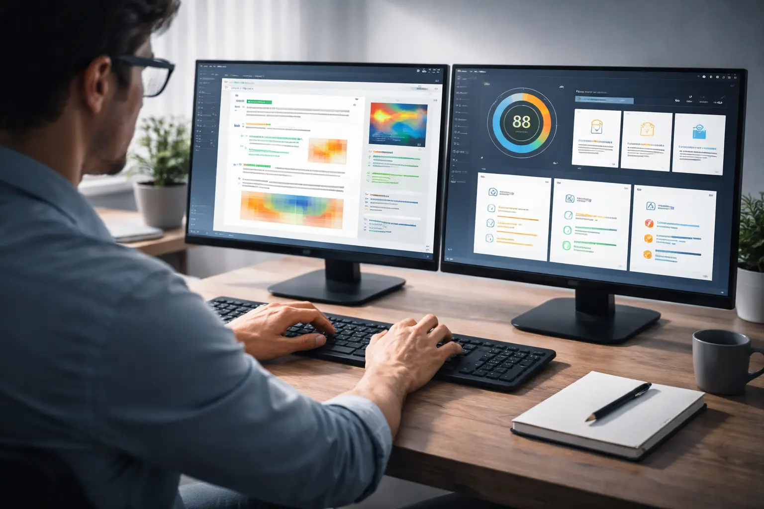 Person analyzing SEO tool data on dual computer monitors