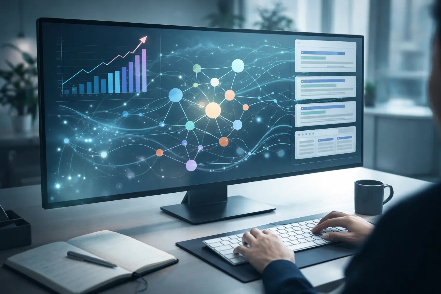 Dashboard showing data visualization and interconnected nodes representing AI SEO software features.