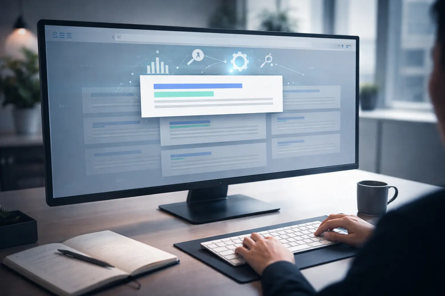 Computer screen displaying an AI SEO software dashboard with analytics charts.