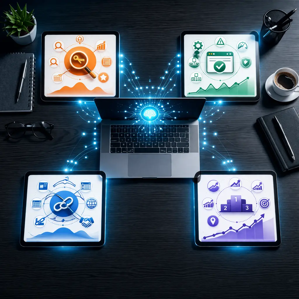Digital representation of AI SEO software features on tablets around a central laptop.